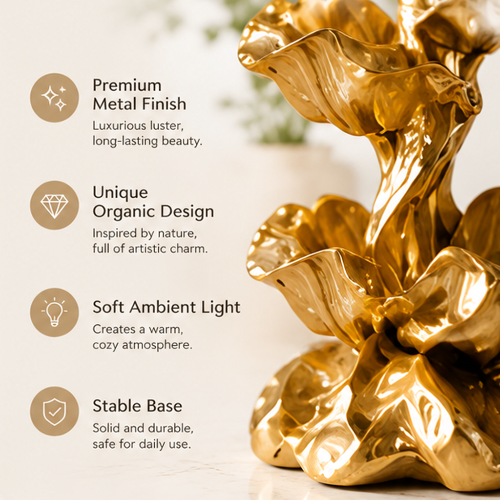 Close-up of gold-tone floral lamp details with text highlighting metal finish, organic design, ambient light and stable base