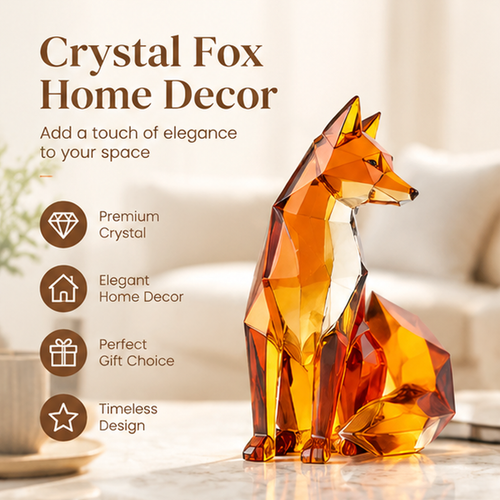 Amber orange crystal fox figurine displayed in a living room with home decor and gift information