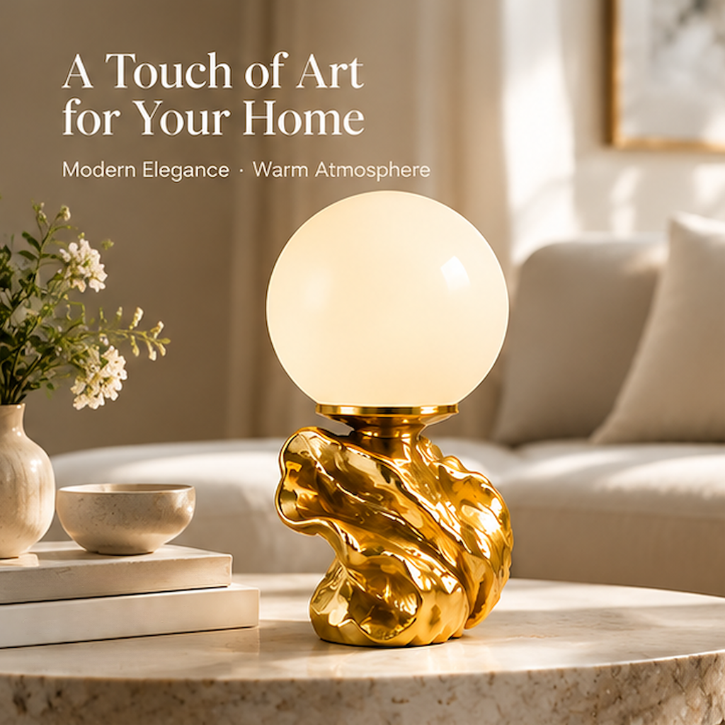 Sculptural globe lamp beside books and flowers with text describing modern elegance and warm atmosphere