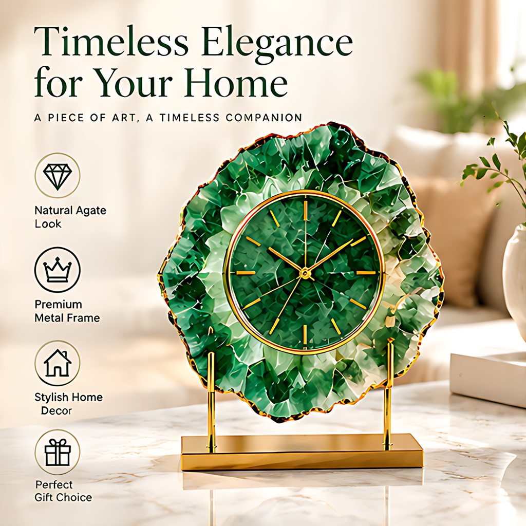 Angled view of the clock with close-ups of its green crystal-like texture, gold-tone frame and metal base