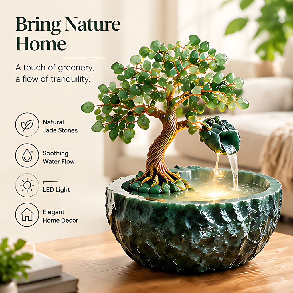 Jade tree fountain styled on a wooden table with text highlighting natural jade stones, water flow and LED light