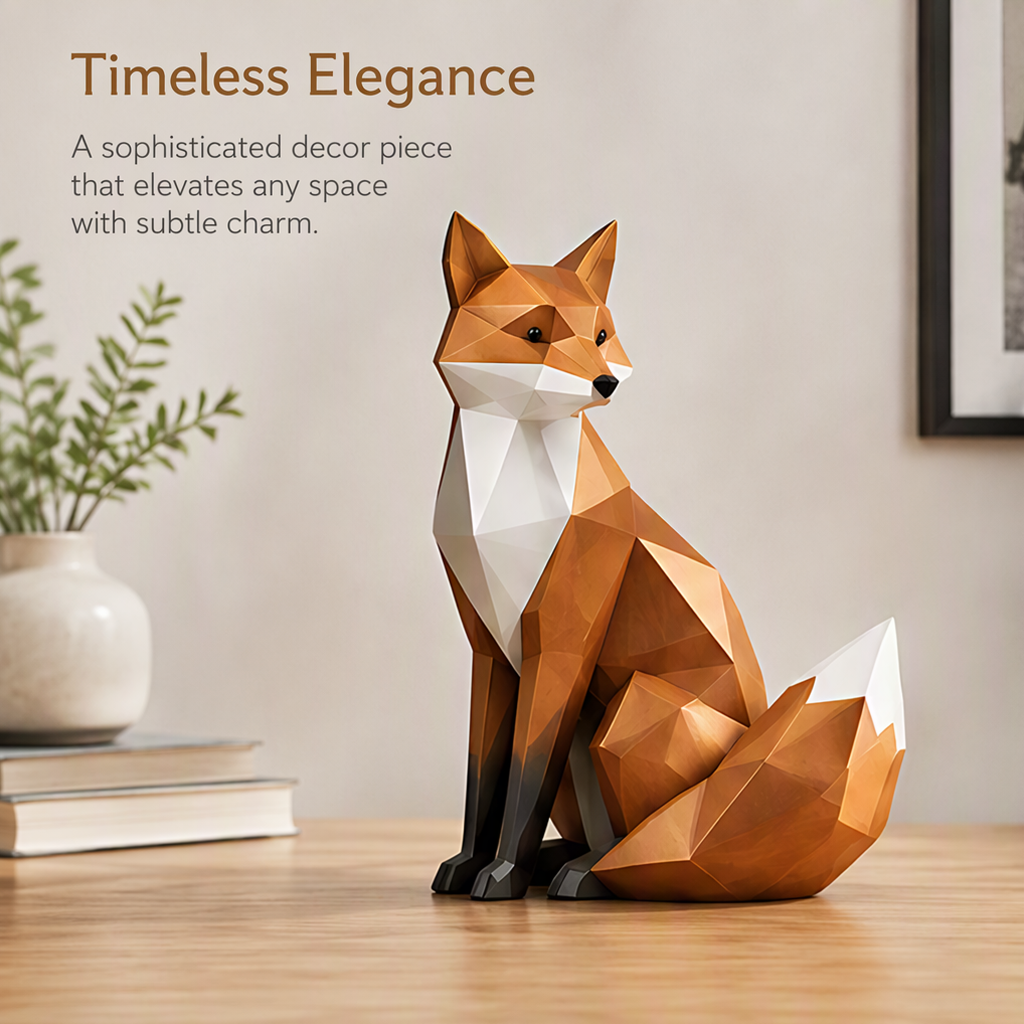 Geometric fox sculpture styled beside books and greenery with text describing timeless elegance