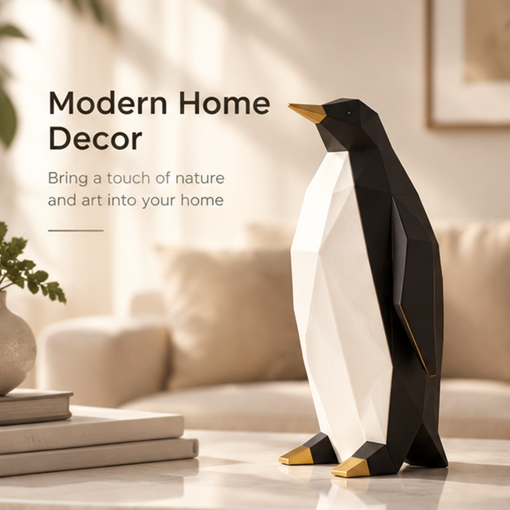 Geometric penguin sculpture styled beside books in a living room with modern home decor text