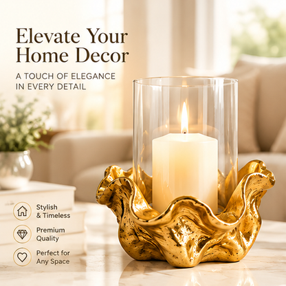 Flower-shaped candle holder styled in a living room with home decor text