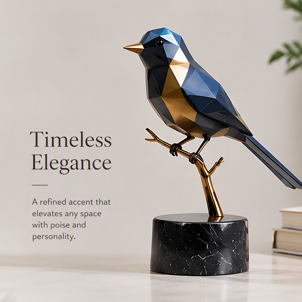 Geometric bird sculpture styled on a console beside a vase and framed artwork, with finish and display information