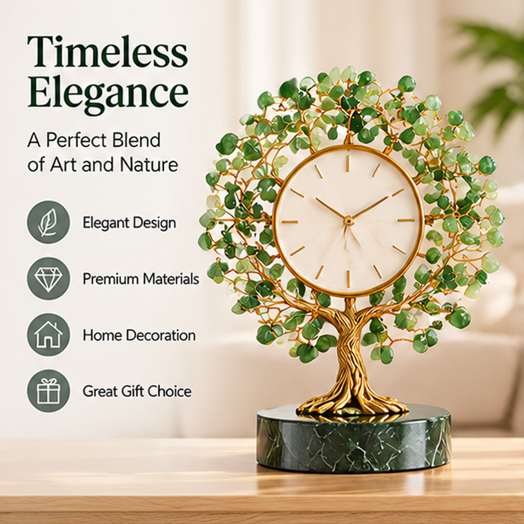 Green leaf tree clock on a wooden table with text describing its blend of art and nature and gifting appeal
