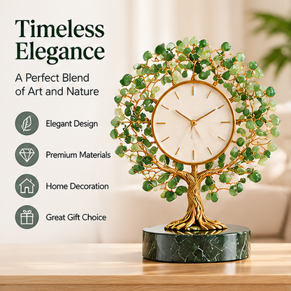Green leaf tree clock on a wooden table with text describing its blend of art and nature and gifting appeal