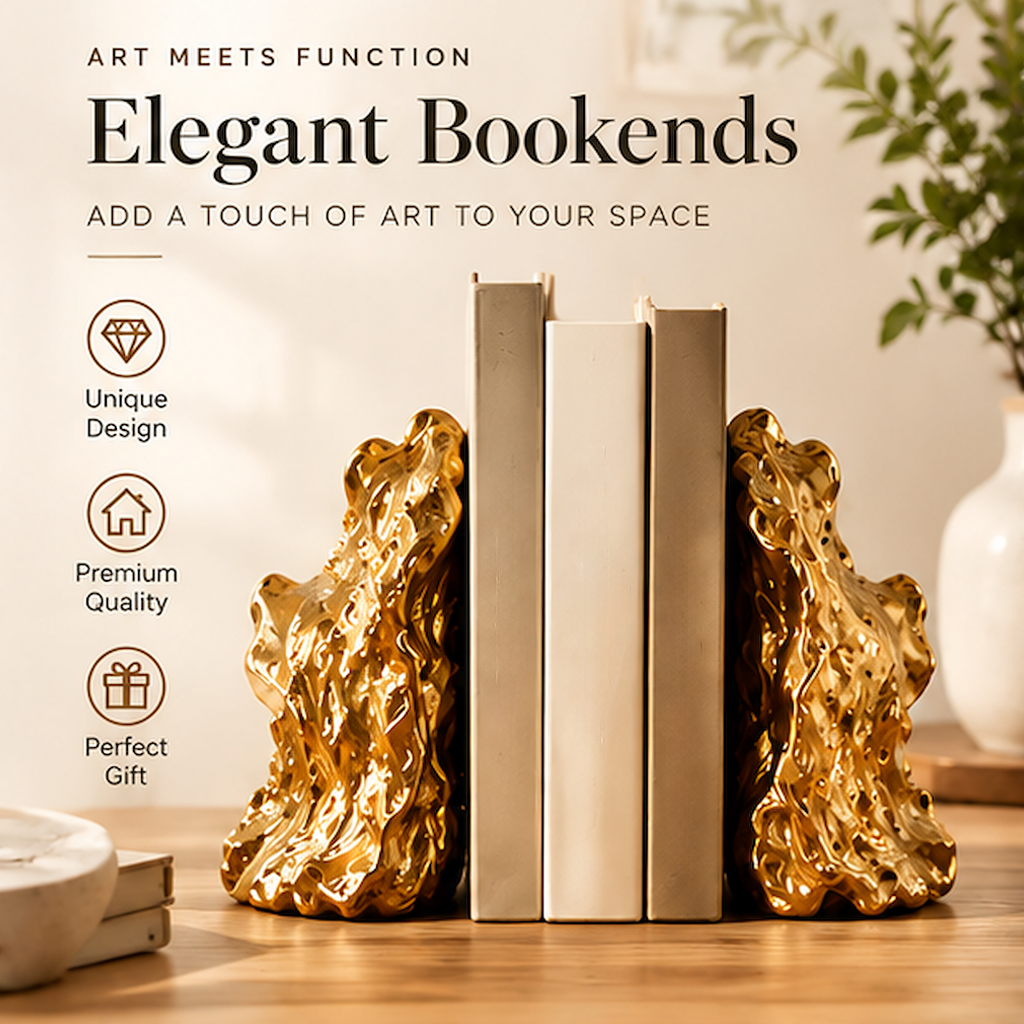 Gold-tone resin bookends displaying books with text highlighting elegant design and gifting