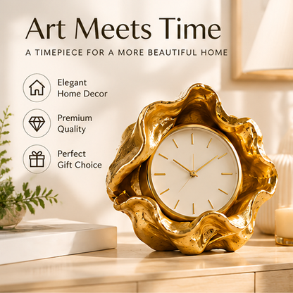 Front view of the gold-tone flower clock in a home setting with artistic timepiece text