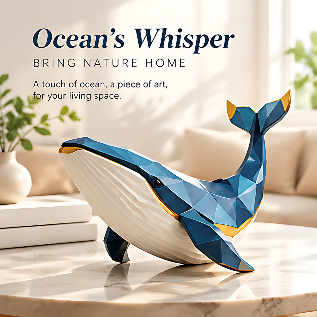 Blue and white whale sculpture styled beside books and greenery with ocean-inspired home decor text