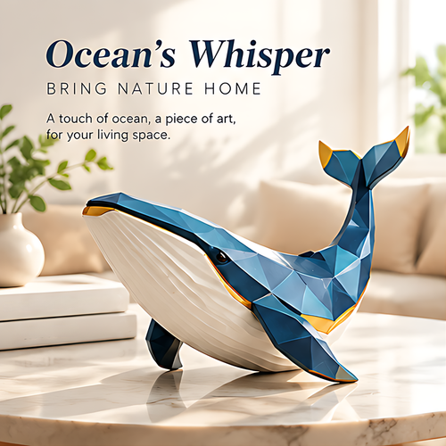 Blue and white whale sculpture styled beside books and greenery with ocean-inspired home decor text