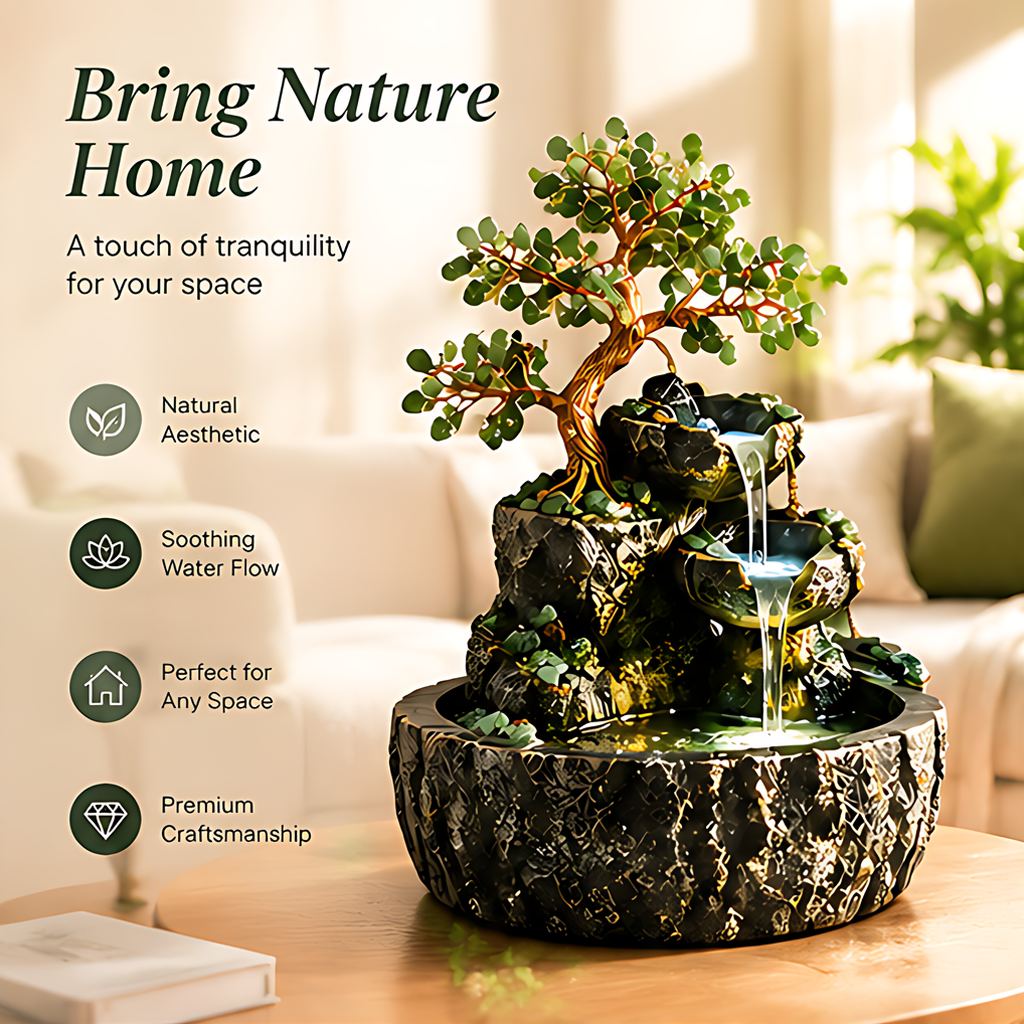 Cascading tree fountain styled on a wooden console with text suggesting living room, bedroom, office and study displays