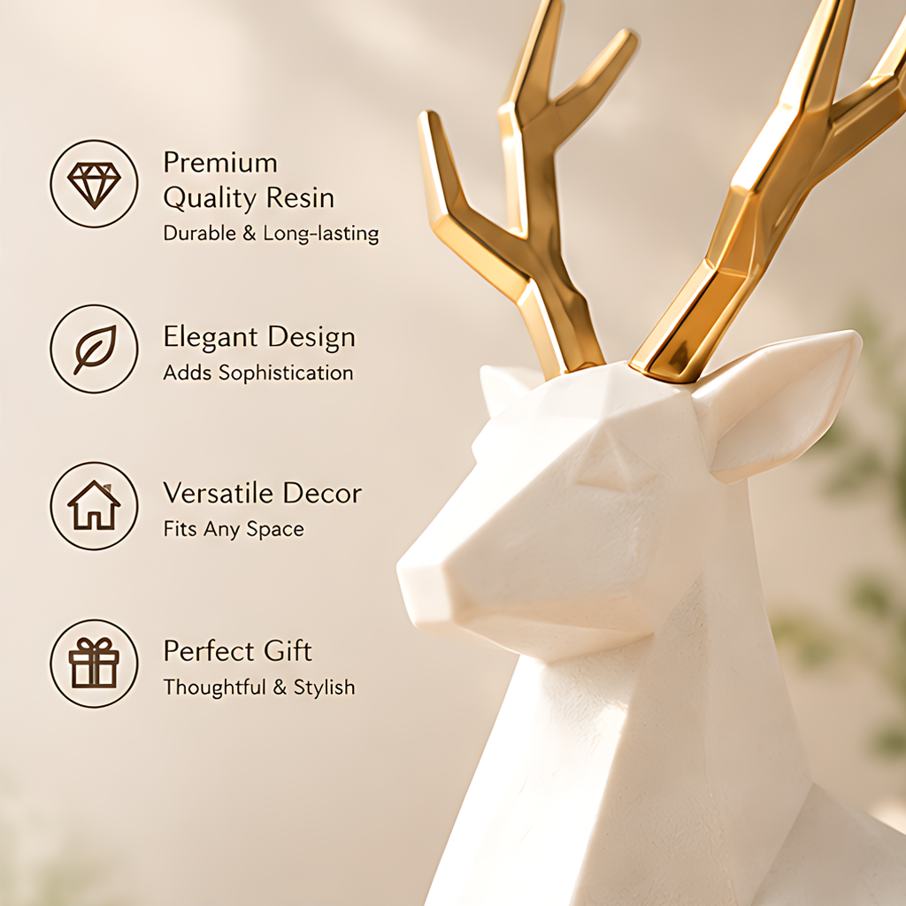 Deer sculpture detail image with text highlighting resin construction, elegant design, versatile decor and gifting