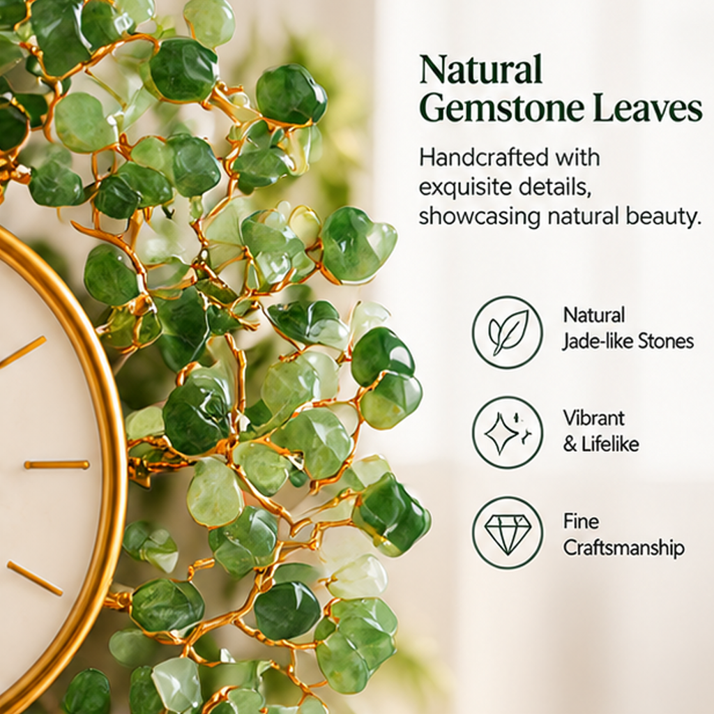 Close-up of green jade-like leaf stones and gold-tone branches surrounding the white clock dial
