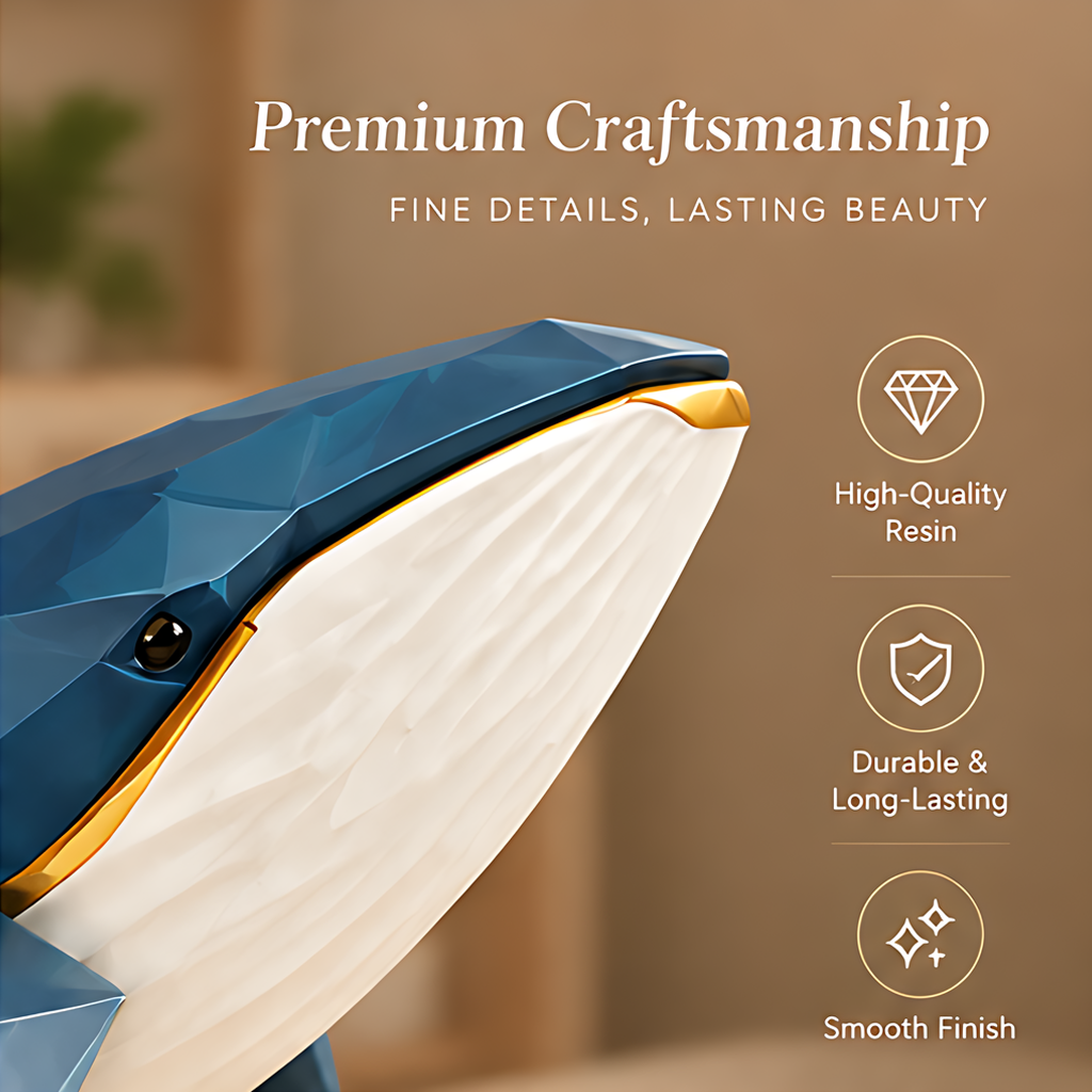 Close-up of the whale head and white underside with text highlighting resin construction and a smooth finish