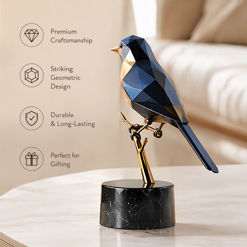 Blue and gold-tone bird sculpture on a black veined base with text describing its sturdy marble base and artful design