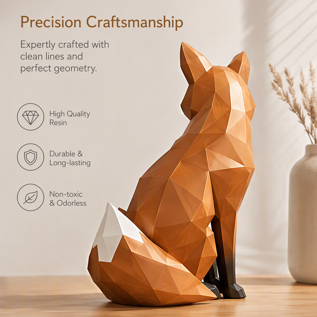 Rear view of the faceted fox sculpture with a curled white-tipped tail and text identifying resin material