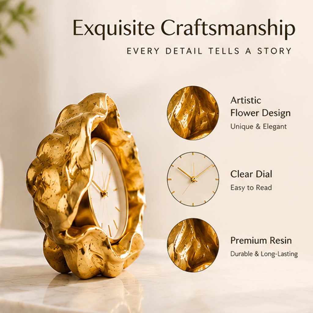 Angled flower clock view with details highlighting resin material, petal-like design and clear dial