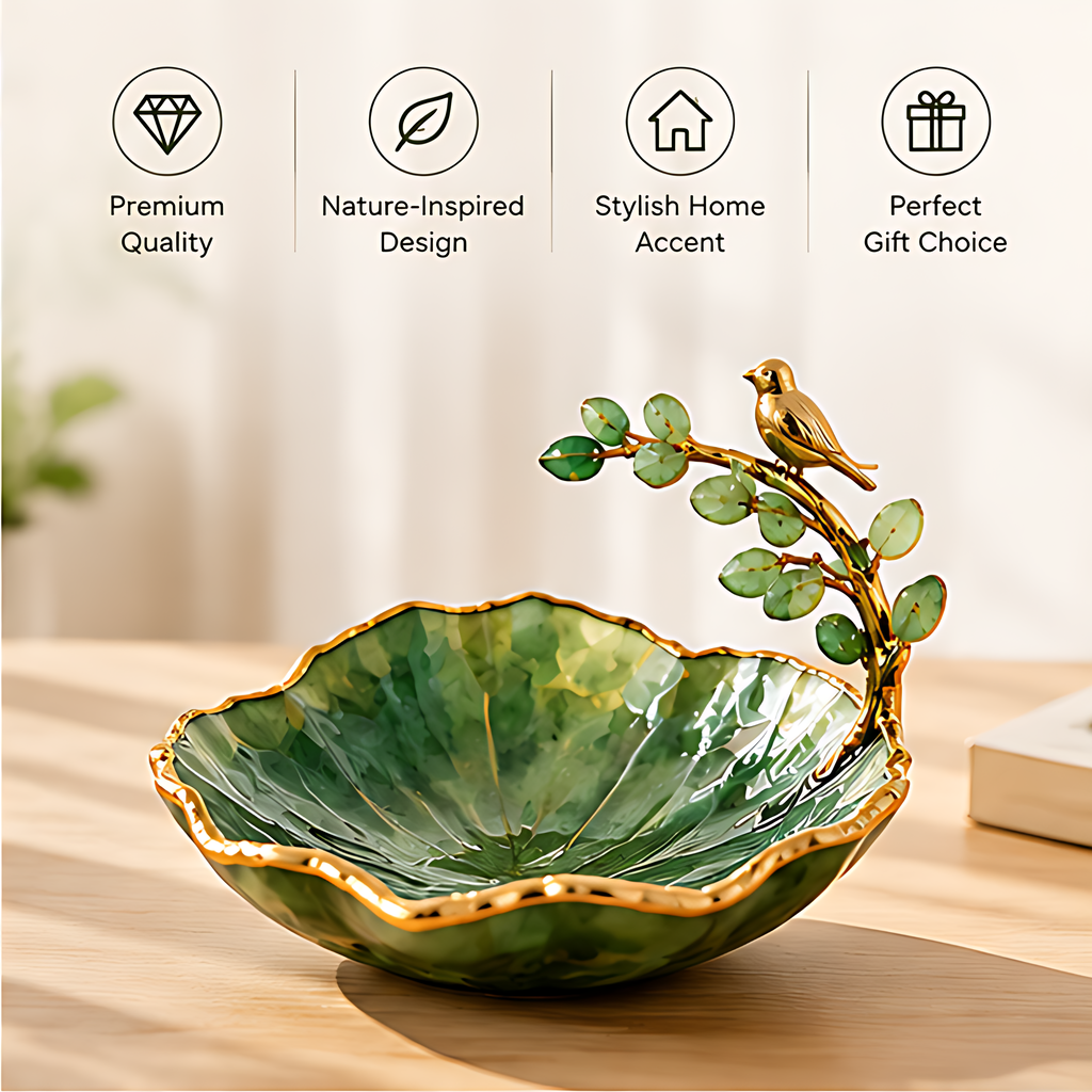 Green bird branch jewelry dish displaying jewelry with text describing nature-inspired home decor