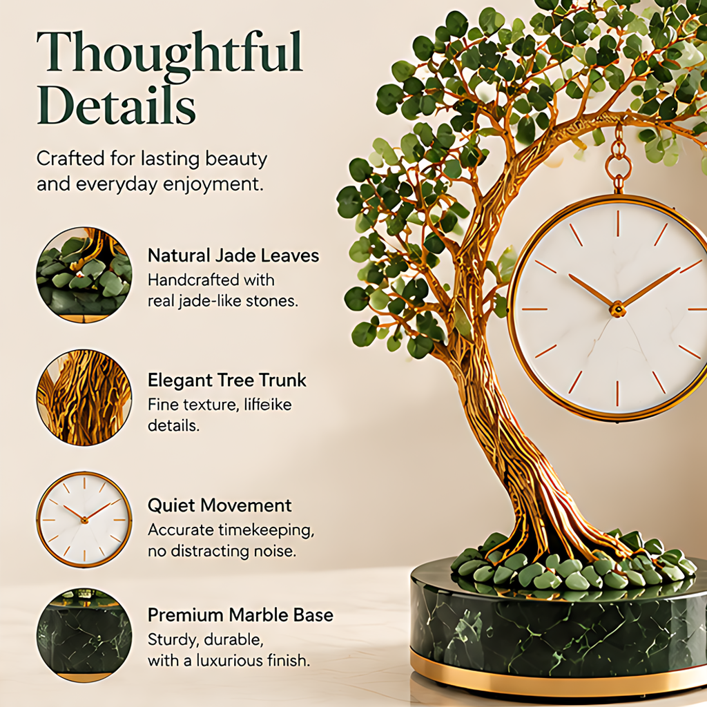 Tree tabletop clock displayed beside books with text highlighting elegant home decor and a natural look