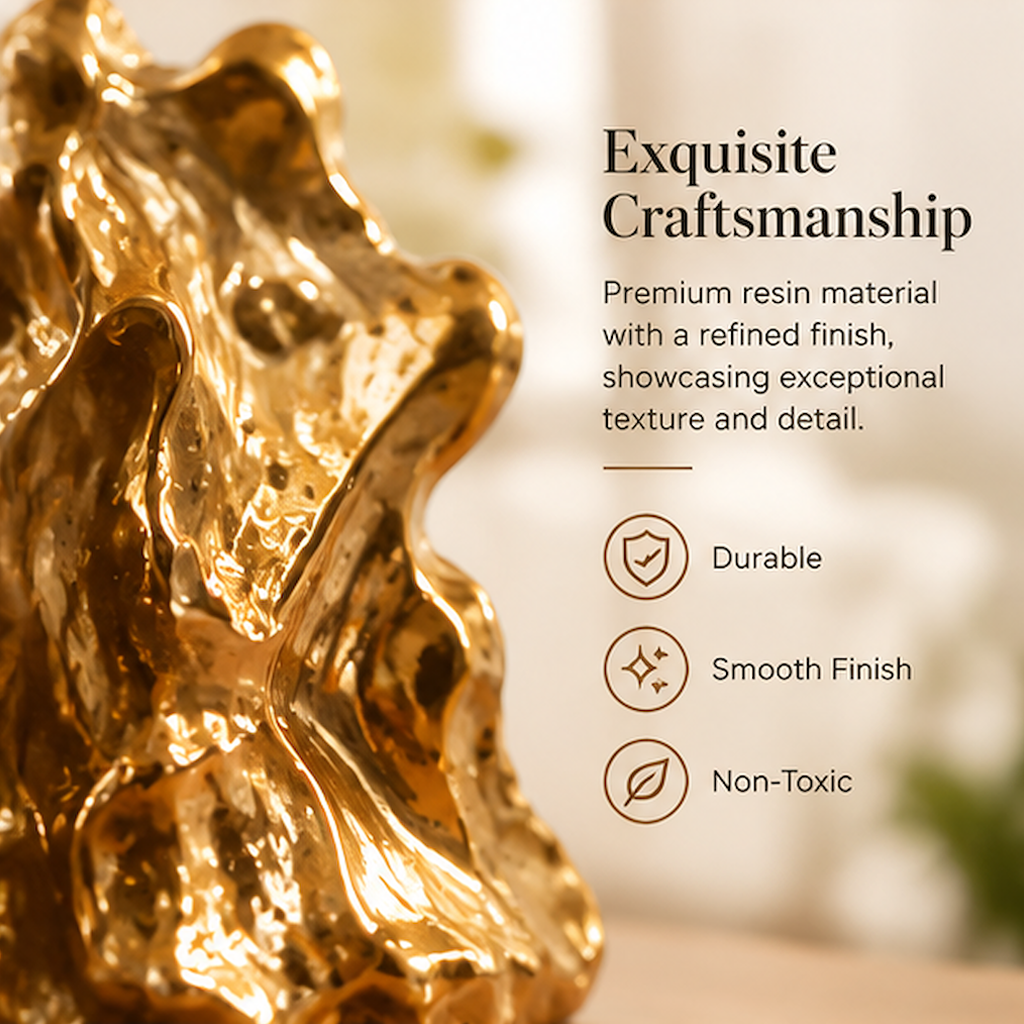 Close-up of the gold-tone bookend texture with text identifying resin material and refined finish