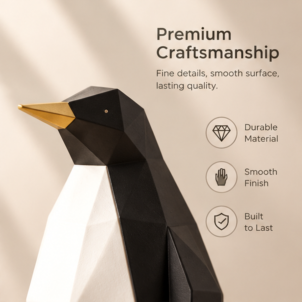 Close-up of the penguin head and chest with text highlighting fine details and a smooth finish