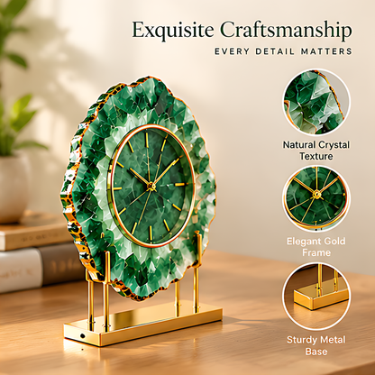 Green agate-look clock with text highlighting its metal frame, home decor styling and gifting
