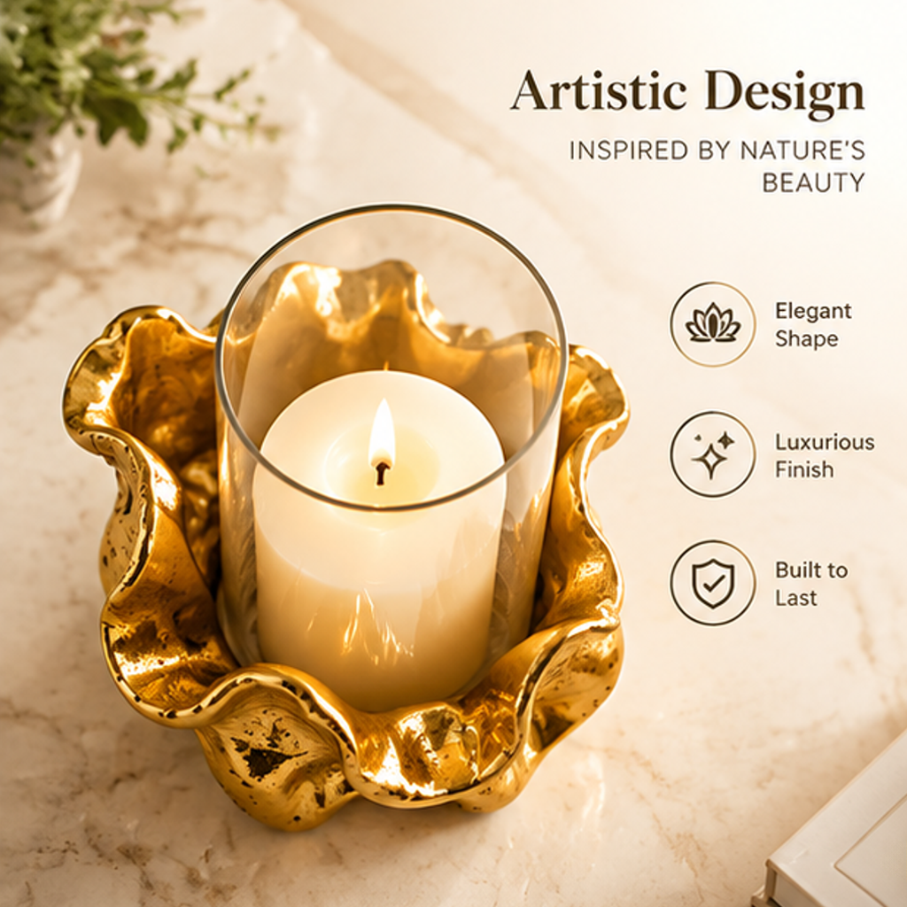 Candle holder detail graphic showing its clear glass shade, textured gold-tone finish and non-slip underside