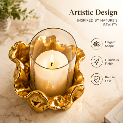 Candle holder detail graphic showing its clear glass shade, textured gold-tone finish and non-slip underside