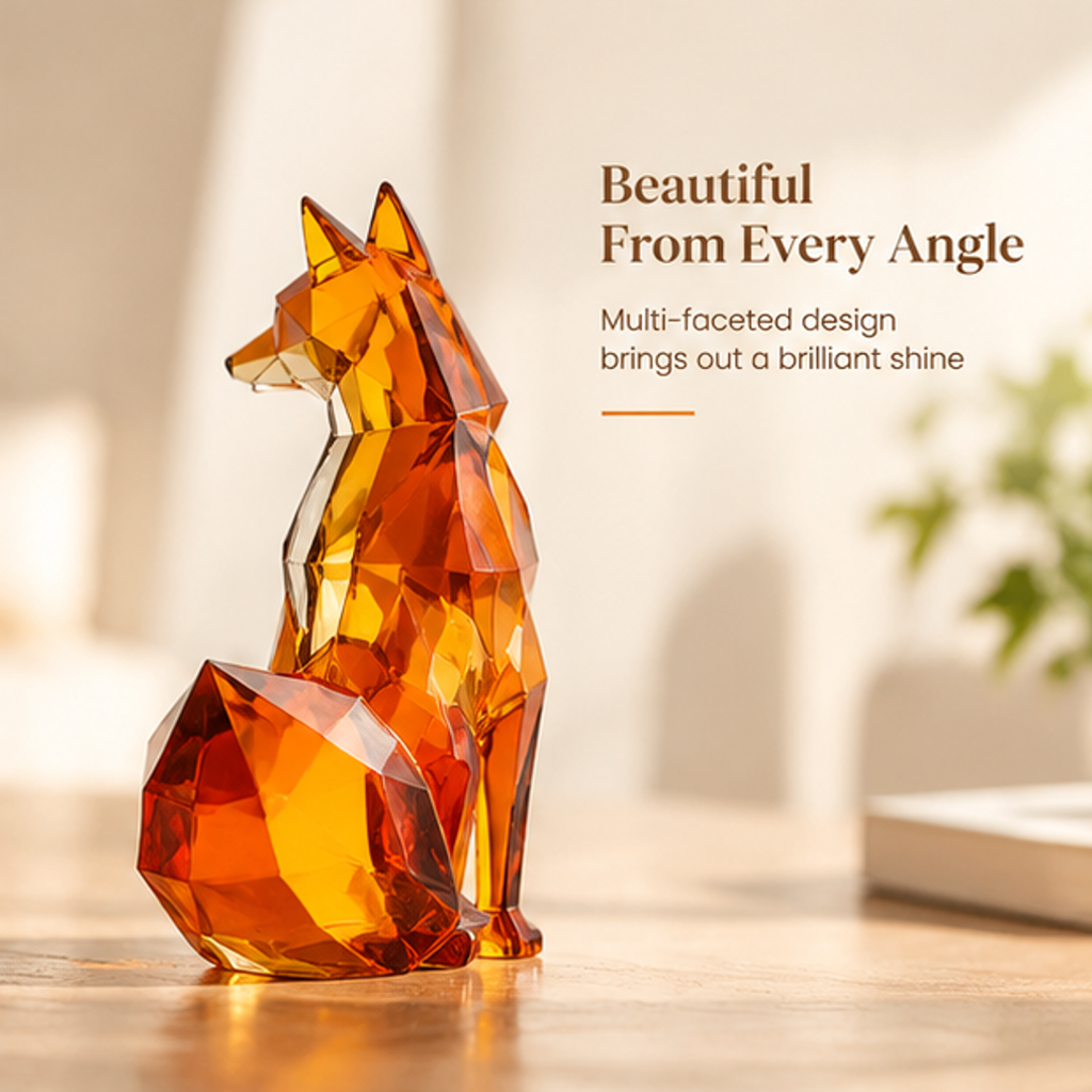 Front, side, back and angled views of the amber orange faceted fox figurine
