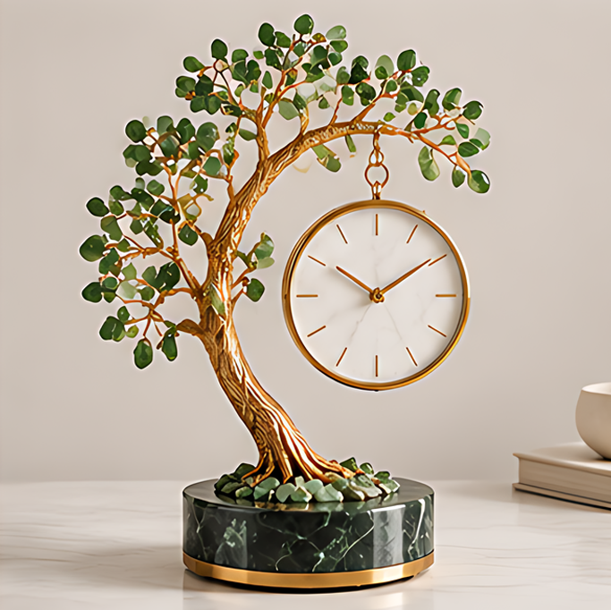 Green leaf tree tabletop clock with a gold-tone trunk, suspended white dial and dark green marble base