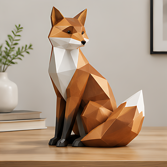 Orange-brown geometric fox sculpture with a white chest and tail tip and dark legs on a wooden tabletop