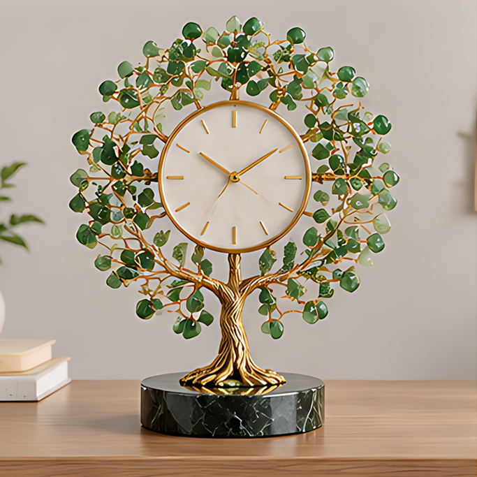 Round-canopy green leaf tree clock with a white dial, gold-tone trunk and dark green veined circular base
