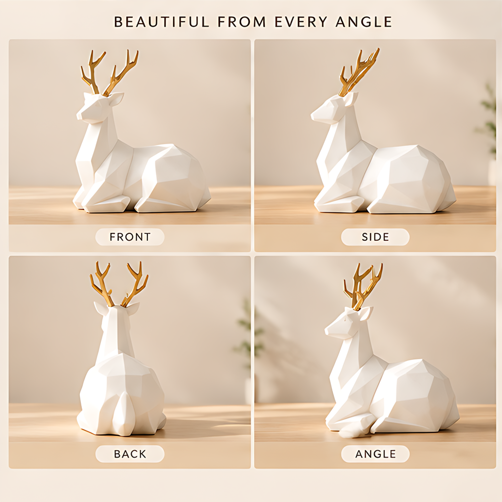 Front, side, back and angled views of the white geometric deer sculpture with gold-tone antlers
