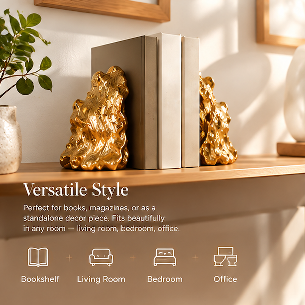 Sculptural bookends styled on a shelf with text suggesting books, magazines and standalone decor