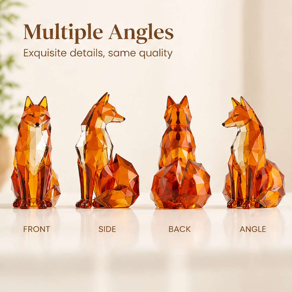 Rear angled view of the fox figurine showing its faceted back and curled amber orange tail