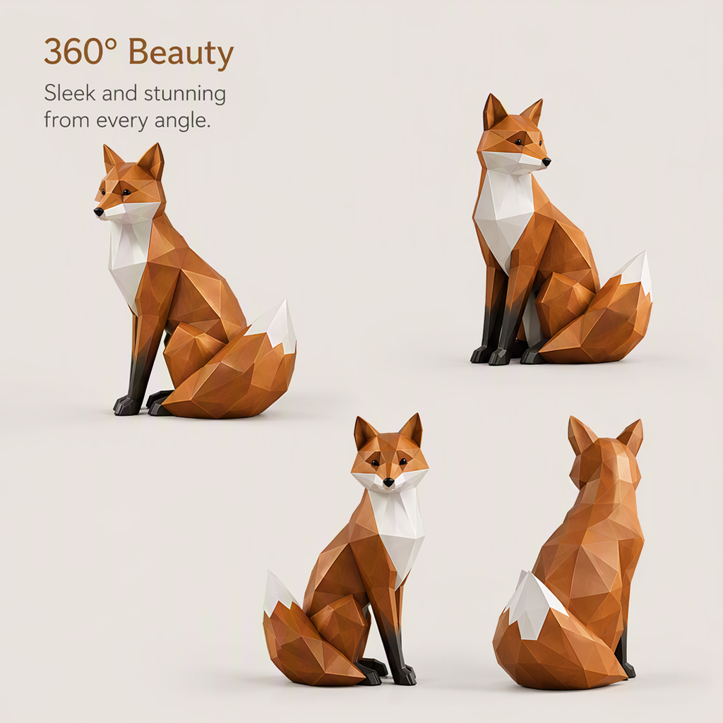 Orange and white fox sculpture displayed beside books with text highlighting warmth, character and nature-inspired decor
