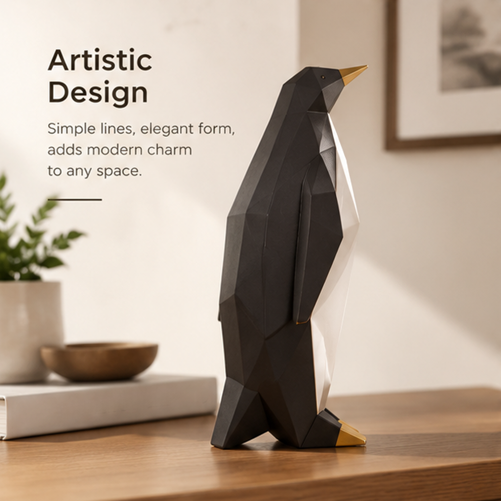 Side view of the black and white penguin sculpture showing faceted lines and gold-tone details