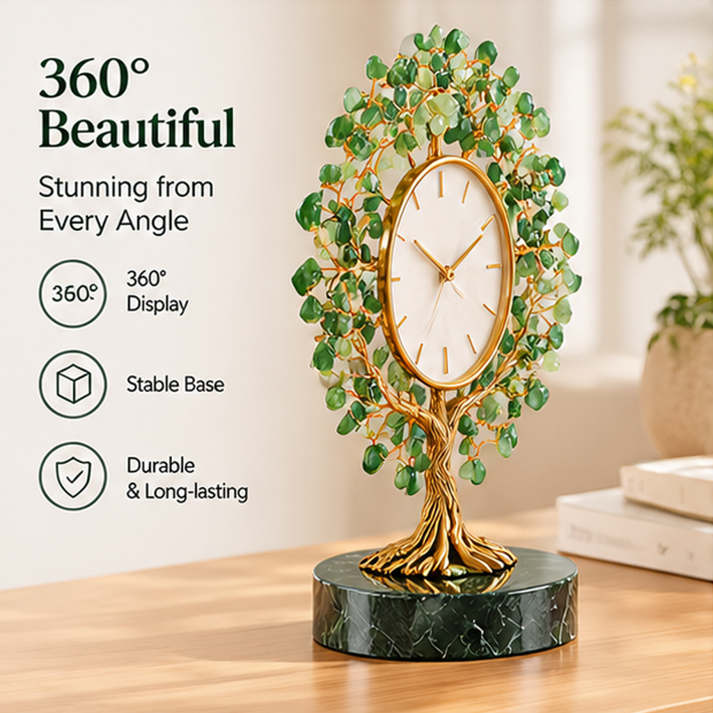 Angled view of the round-canopy tree clock highlighting its decorative silhouette and stable base