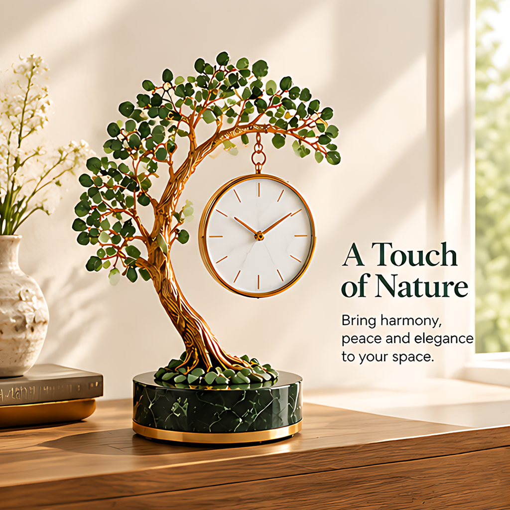 Green leaf tree clock styled on a wooden console with nature-inspired decor text