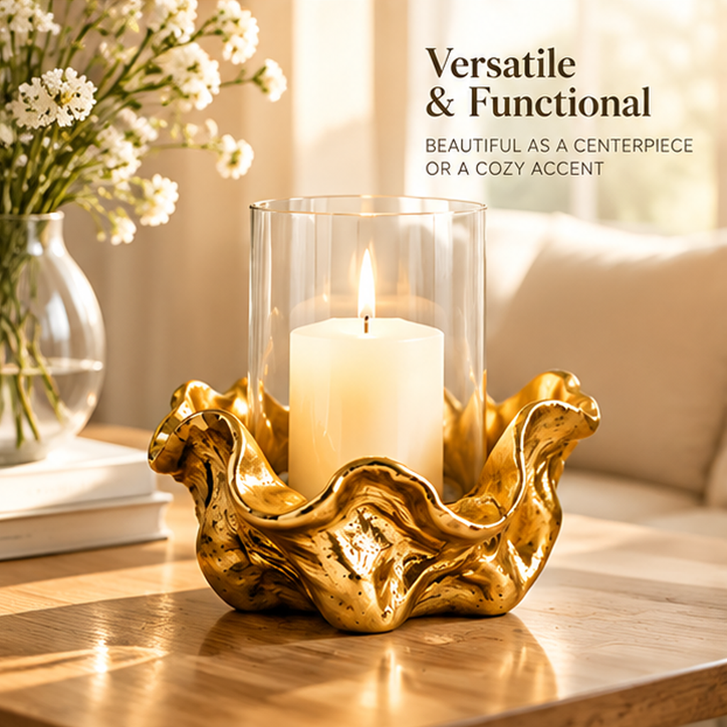 Overhead view of the gold-tone flower candle holder and glass shade showing flowing petal-like curves