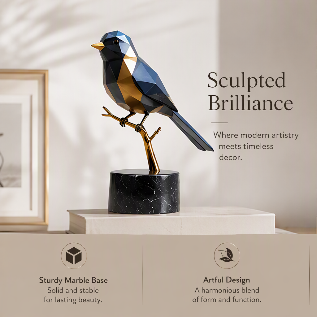Angled view of the geometric bird sculpture with text highlighting craftsmanship, geometric design, durability and gifting