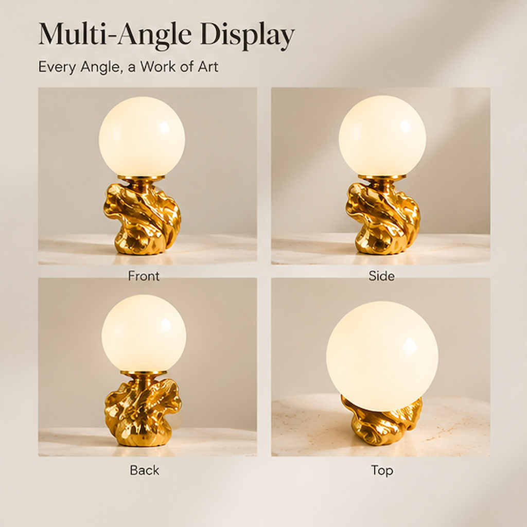 Front, side, back and top views of the gold-tone sculptural globe table lamp