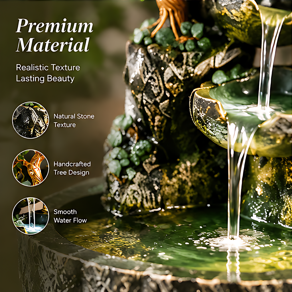 Front, side and back views of the decorative tree cascading tabletop fountain