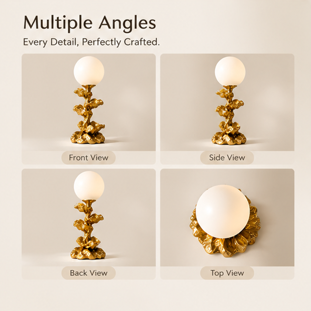 Front, side, back and top views of the gold-tone floral stem globe table lamp