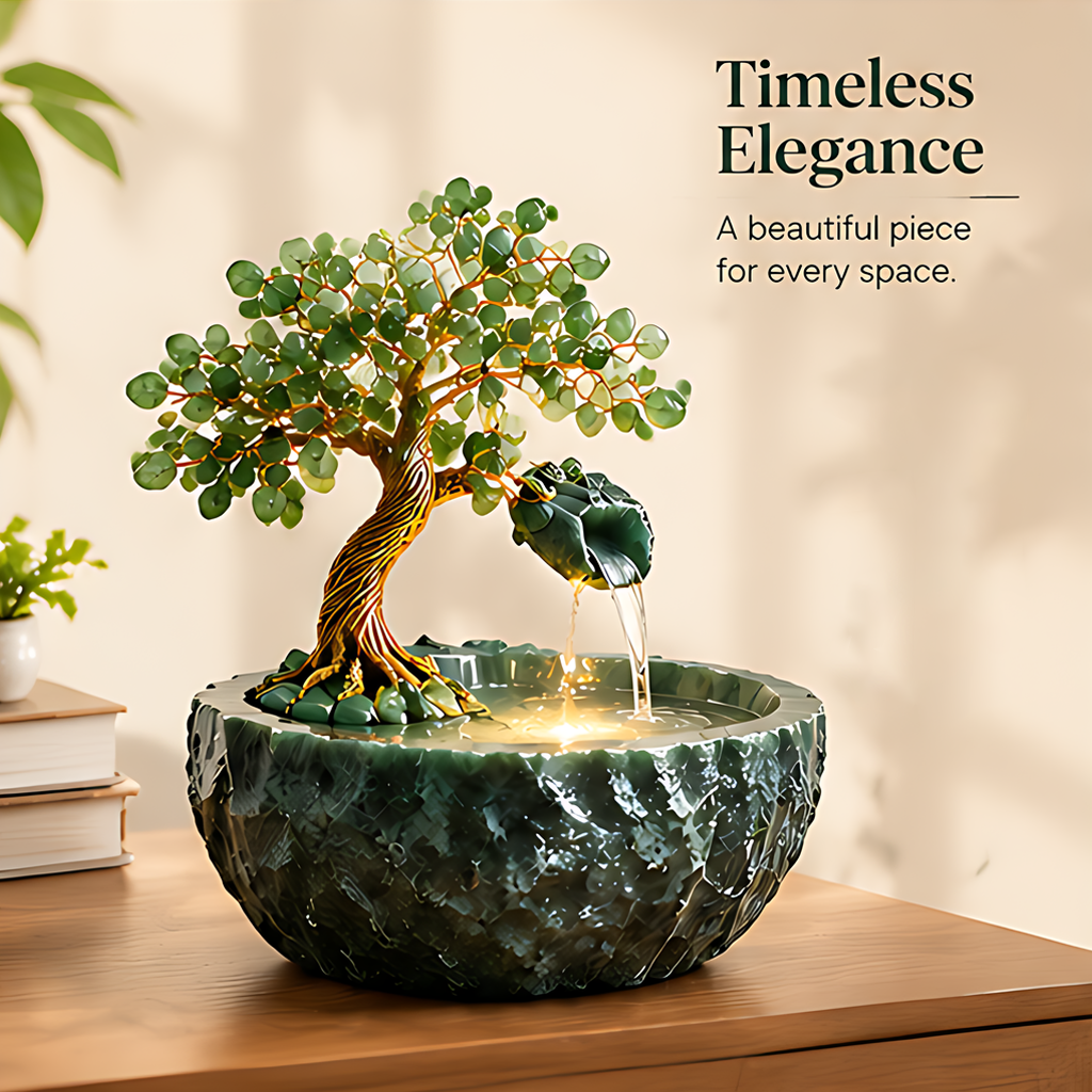 Full view of the green jade tree fountain beside books with text describing timeless elegance