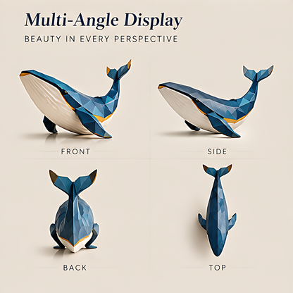 Front, side, back and top views of the blue and white geometric whale sculpture