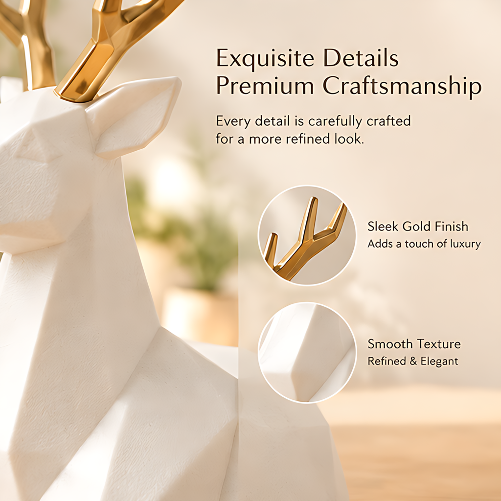 Close-up of the deer sculpture showing its gold-tone antler finish and smooth white faceted surface