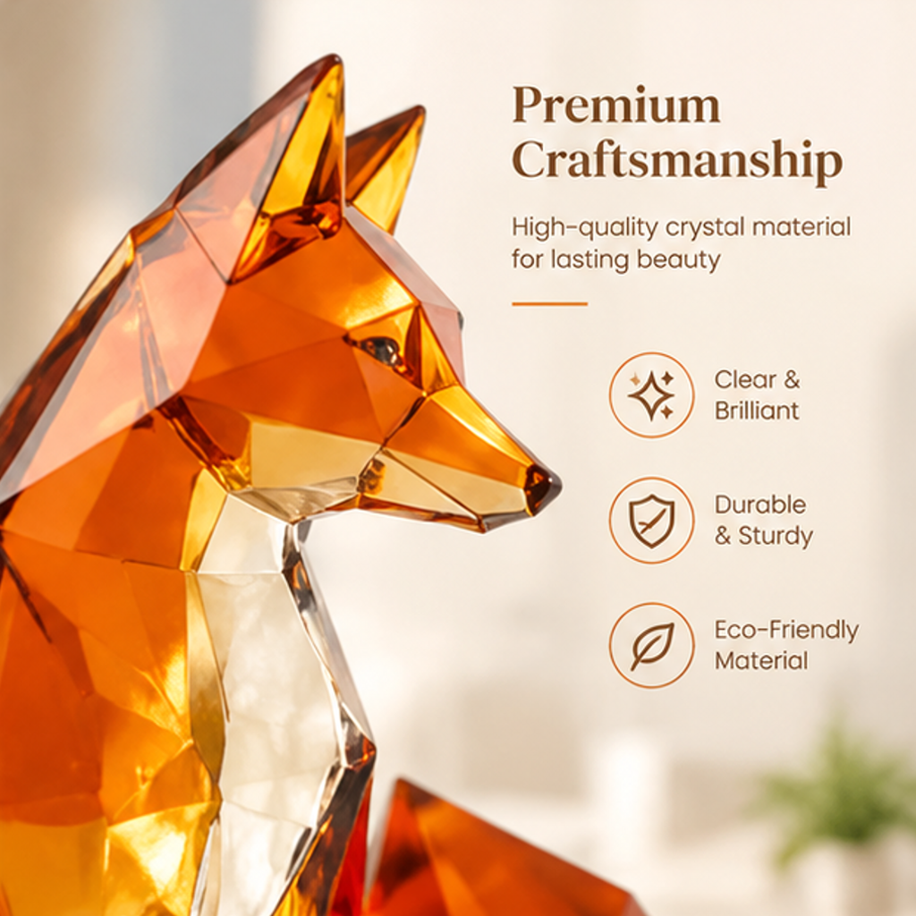 Close-up of the faceted fox head and chest with text describing crystal material and craftsmanship