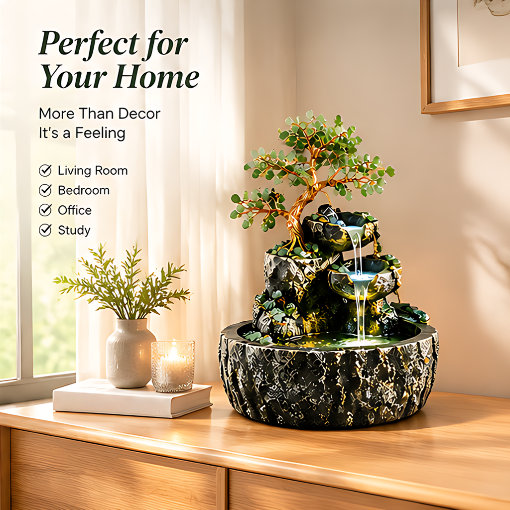 Decorative tree fountain in a living room setting with text highlighting natural aesthetics, soothing water flow and craftsmanship